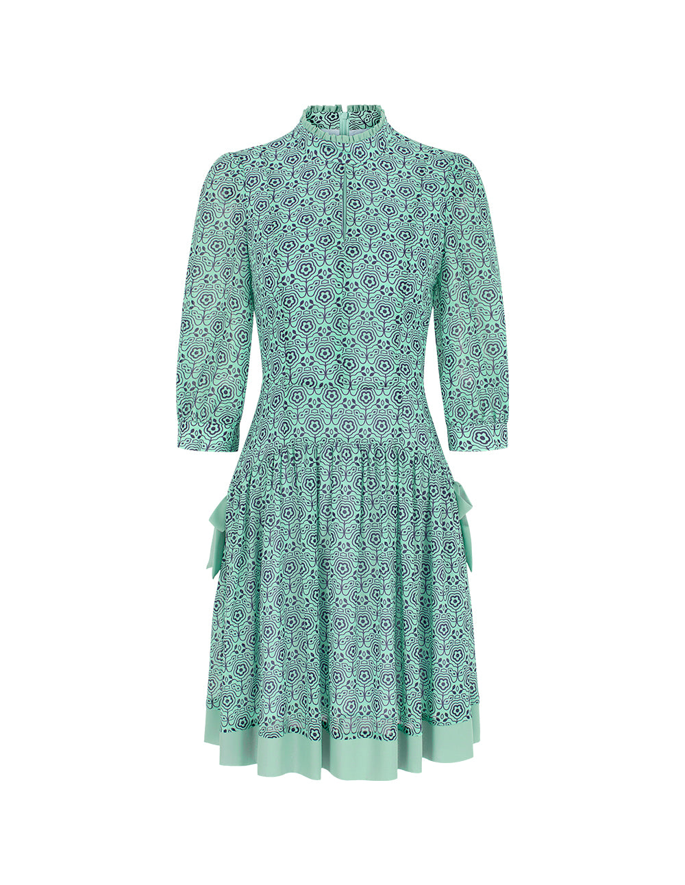 BORA AKSU Stand Collar Puff Short-Sleeve Pleated Print Midi Dress