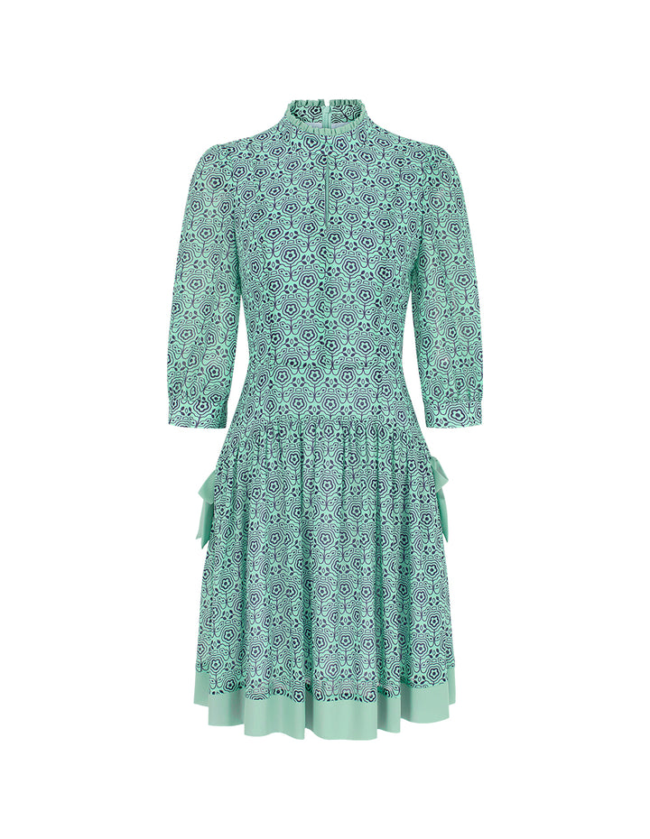 BORA AKSU Stand Collar Puff Short-Sleeve Pleated Print Midi Dress