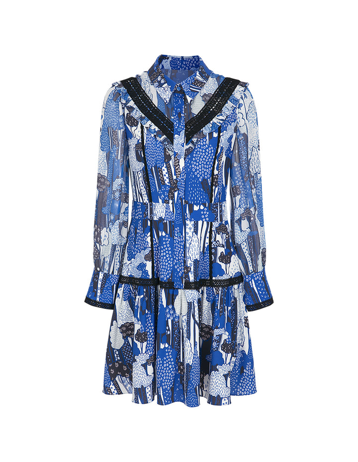 BORA AKSU Shirt-Collar Long-Sleeve Color-Block Lace-Embellished Printed Mini Shirt Dress