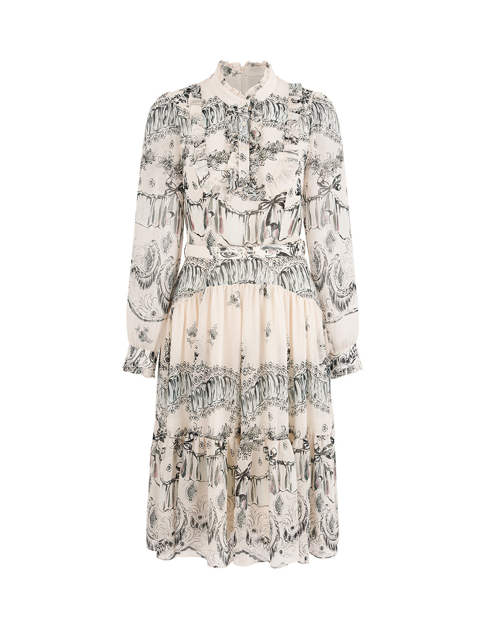 BORA AKSU Stand Collar Ruffled-Trimmed Long Sleeve Ink-Print Belted Pleated Midi Dress