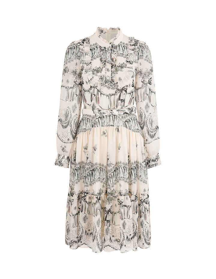 BORA AKSU Stand Collar Ruffled-Trimmed Long Sleeve Ink-Print Belted Pleated Midi Dress
