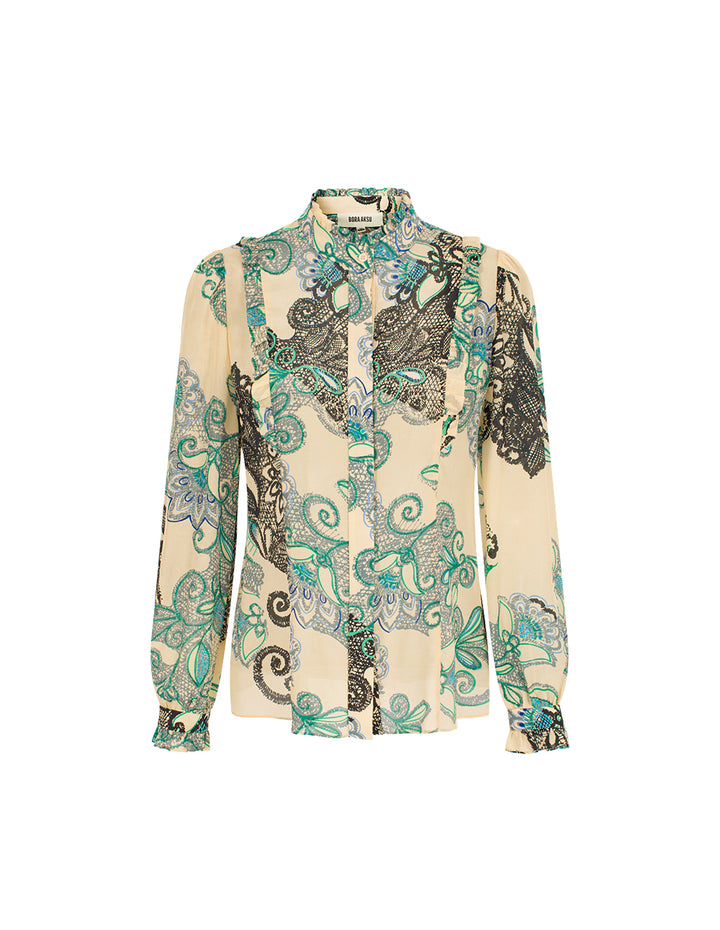 BORA AKSU Ruffled Stand Collar Puff Long Sleeve Floral Lace Printed Blouse