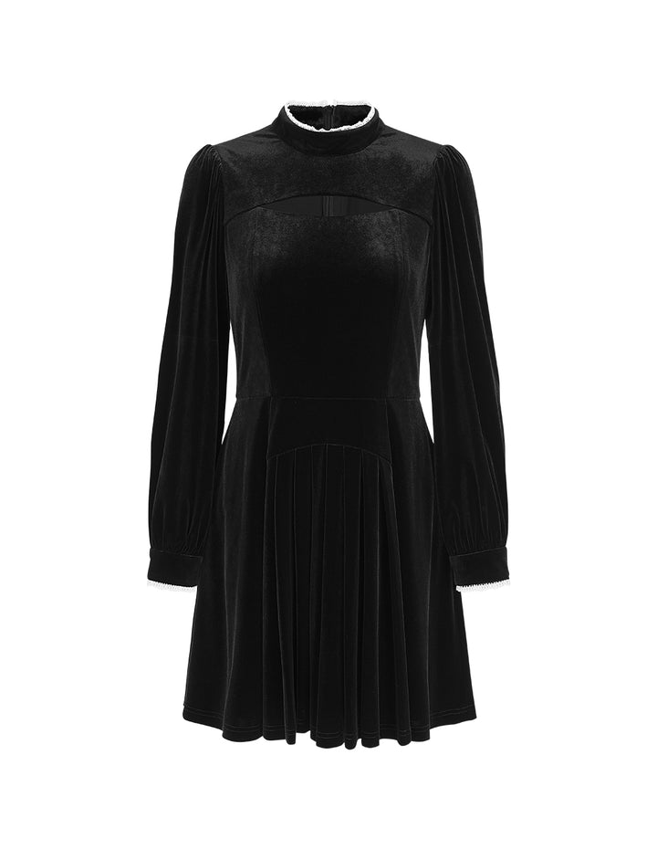 BORA AKSU Stand Collar Hollow Lace Velvet Fitted Long Sleeve Pleated Dress