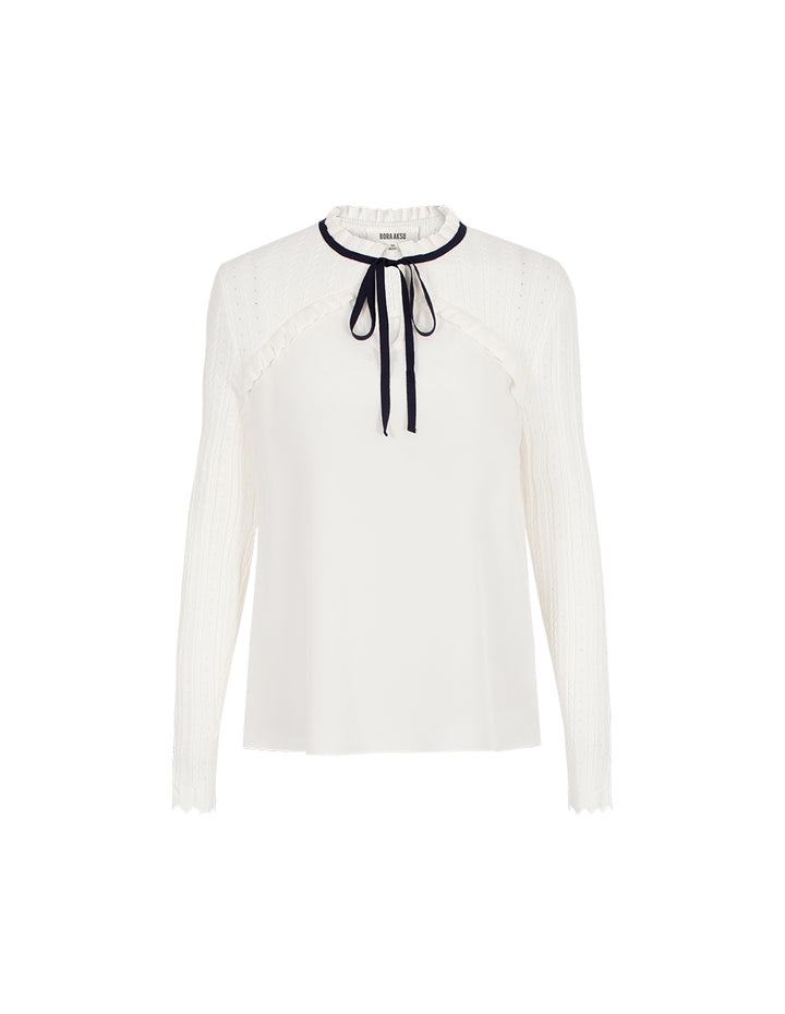 BORA AKSU Knitted Ruffled Round Neck Long Sleeve Patchwork Silk Blouse