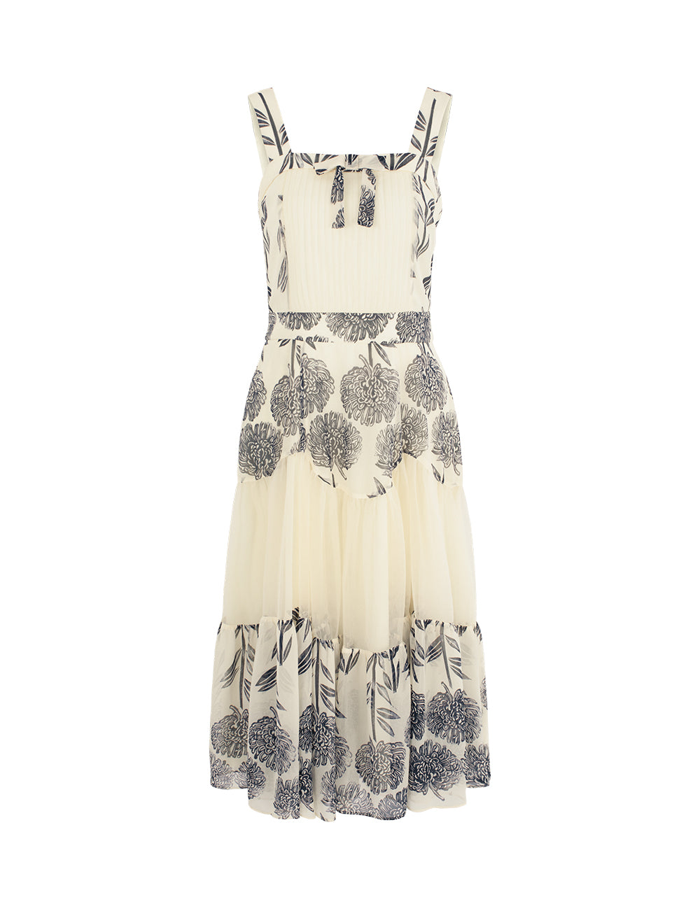 BORA AKSU Square Neck-Sleeveless Pin-Tuck Floral Print Flounce Midi Apron Dress