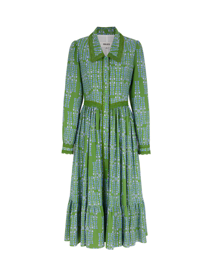 BORA AKSU Long Sleeve Printed Pleated Ruffle Lace-Embellished Button Dress