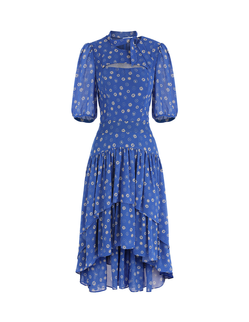 BORA AKSU French Puff Sleeve Collar Pleated Printed Dress