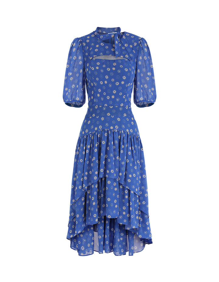 BORA AKSU French Puff Sleeve Collar Pleated Printed Dress