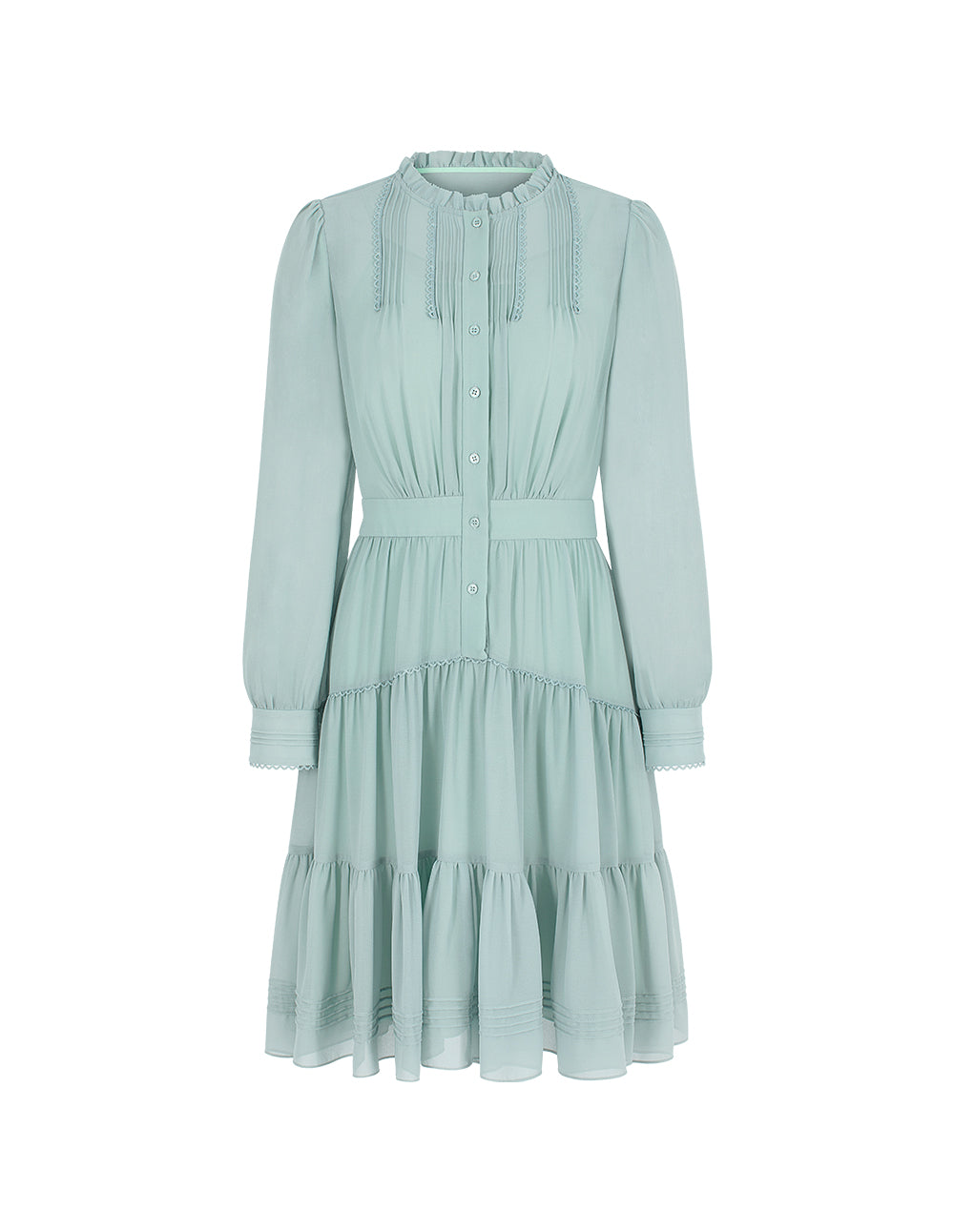 BORA AKSU Round Ruffle-Collar Lace-Trimmed Long Sleeve Pleated Midi Dress