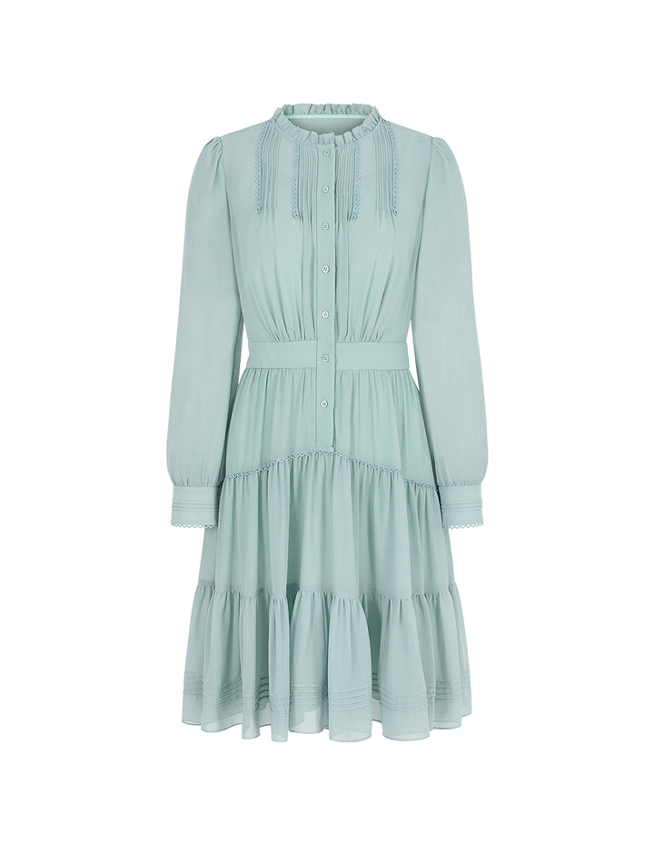 BORA AKSU Round Ruffle-Collar Lace-Trimmed Long Sleeve Pleated Midi Dress