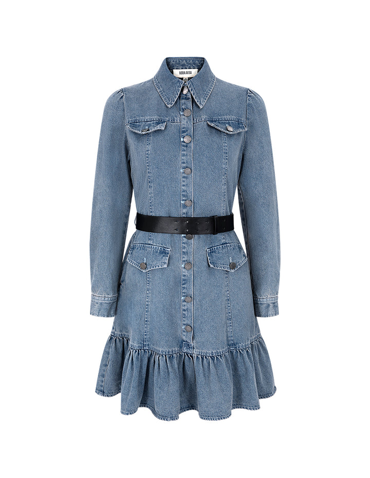BORA AKSU Shirt Collar Bubble Sleeve Denim Trumpet Dress