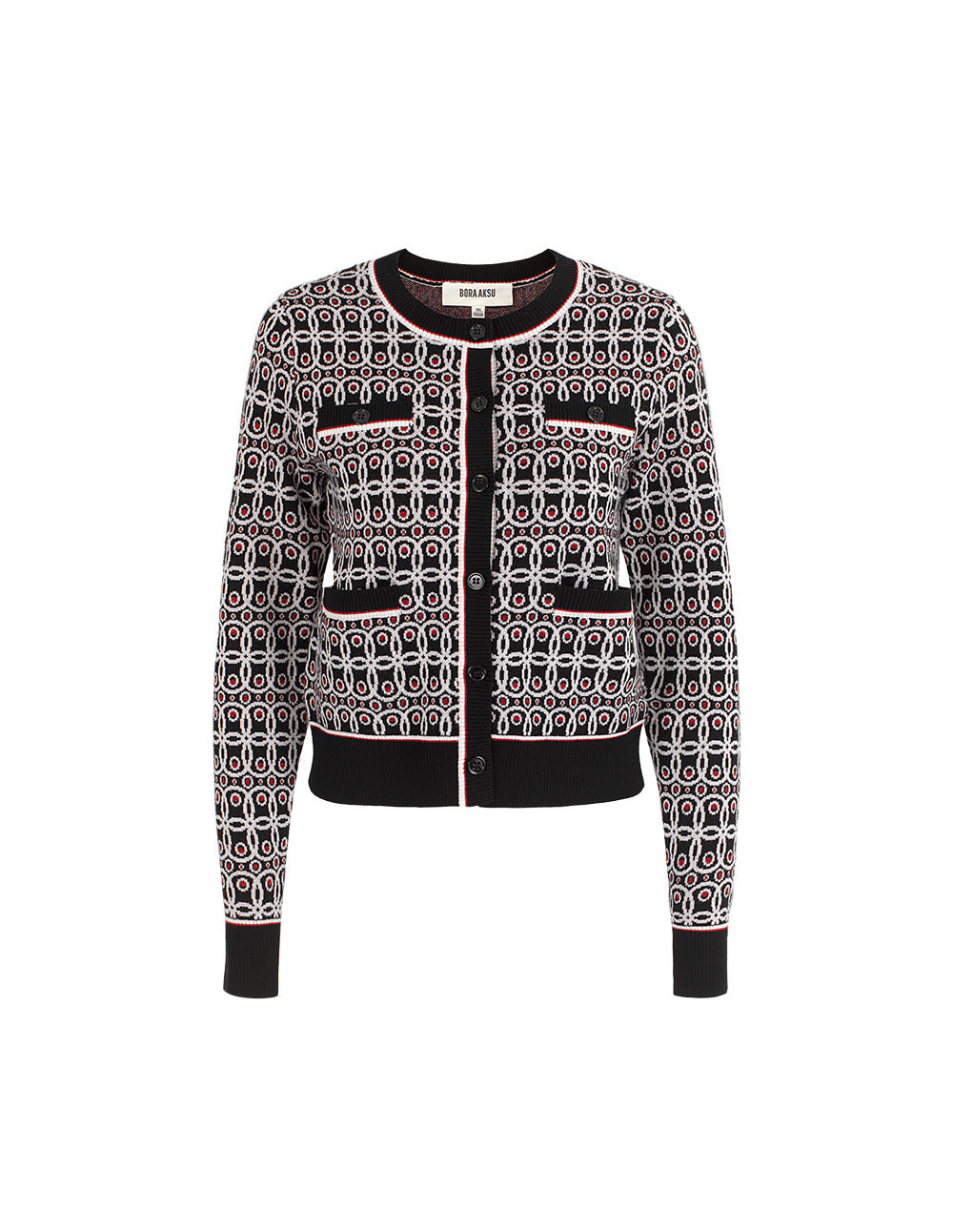 BORA AKSU Round Neck Long Sleeve Polka Dot Wool Knit Cardigan with 4 Pockets