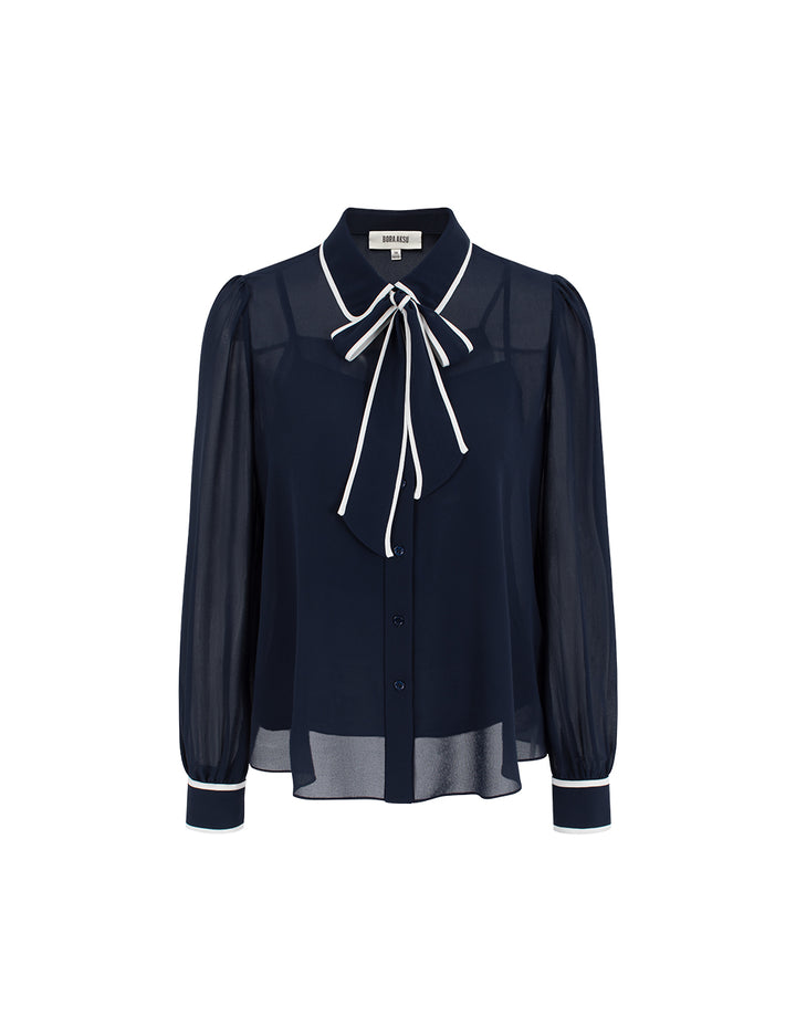 BORA AKSU Bubble Long-Sleeve Contrast-Trim Blouse