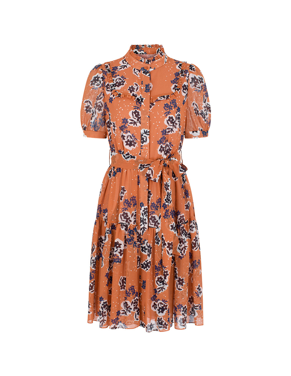 BORA AKSU Ruffled Stand Collar Bubble Sleeve Floral Print Belted Pleated Midi Dress