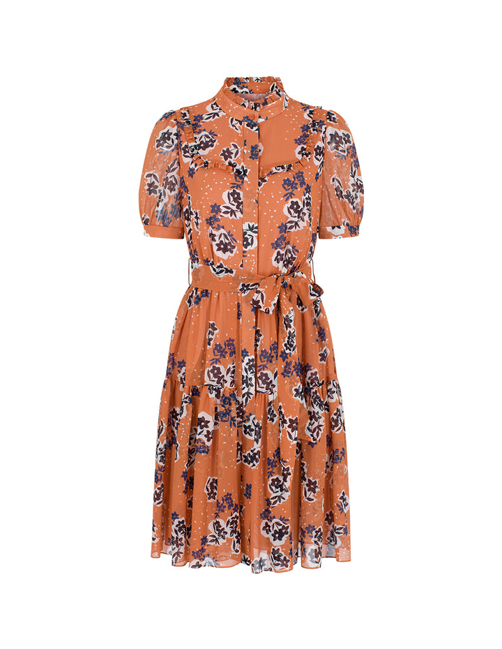 BORA AKSU Ruffled Stand Collar Bubble Sleeve Floral Print Belted Pleated Midi Dress