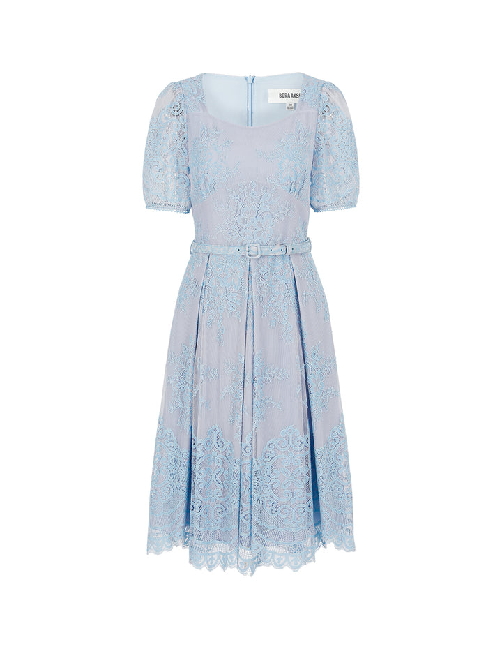 BORA AKSU Diamond-Collar Puff Short-Sleeve Lace-Floral Print Pleated Midi Dress
