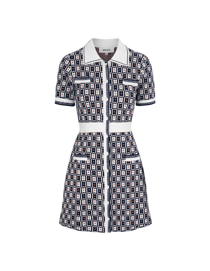 BORA AKSU Retro Contrasting Geometric Pattern Lapel Knitted Dress