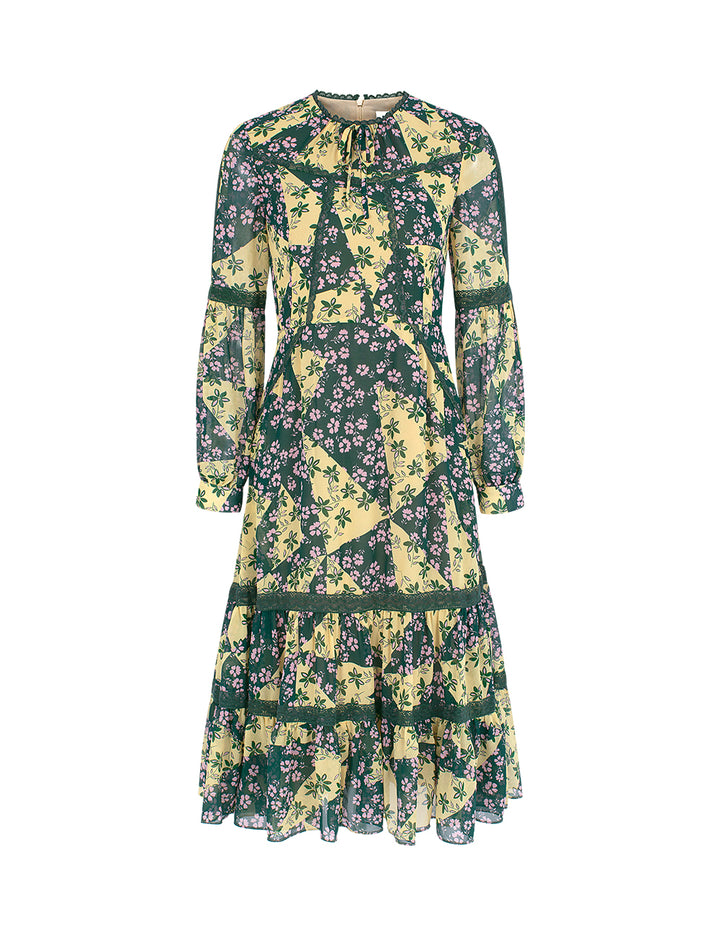 BORA AKSU Ruffle Round-Collar Bubble Sleeve Floral Printed Shift Dress