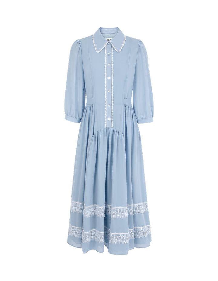BORA AKSU Puff-Sleeve Lace-Trimmed Pleated Midi Shirt Dress