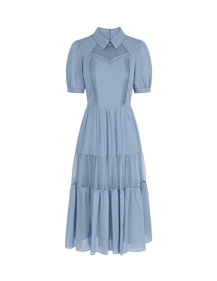 BORA AKSU Puff Sleeve Lapel Pure Cotton Mesh Patchwork Dress