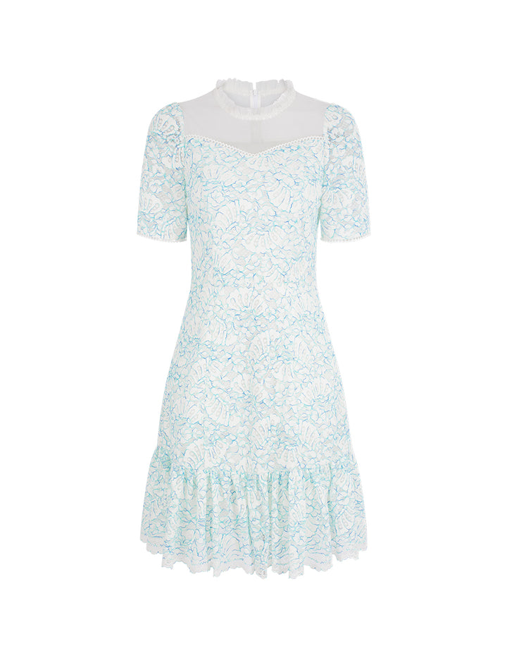 BORA AKSU Transparent Mesh Patchwork Lace-Trimmed Floral Print Trumept Midi Dress