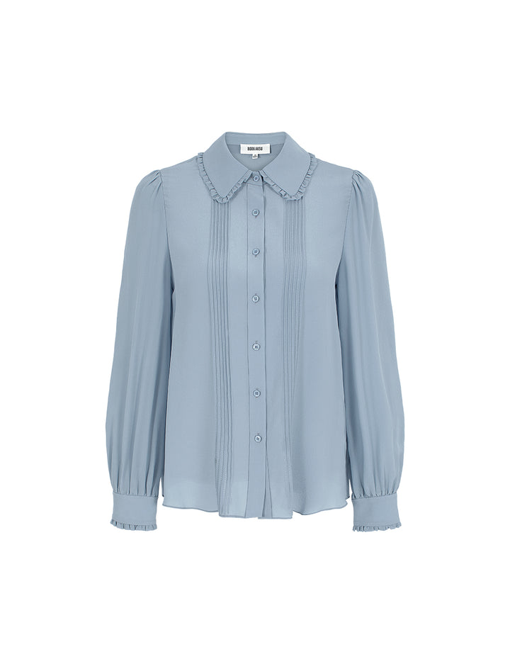 BORA AKSU Ruffle Lapel Collar Long Sleeve Pin-Tuck Silk Blouse