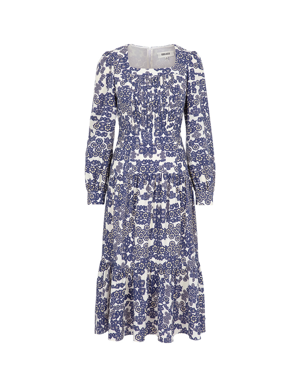 BORA AKSU Retro Square Neck Long Sleeve Pleated Printed Dress