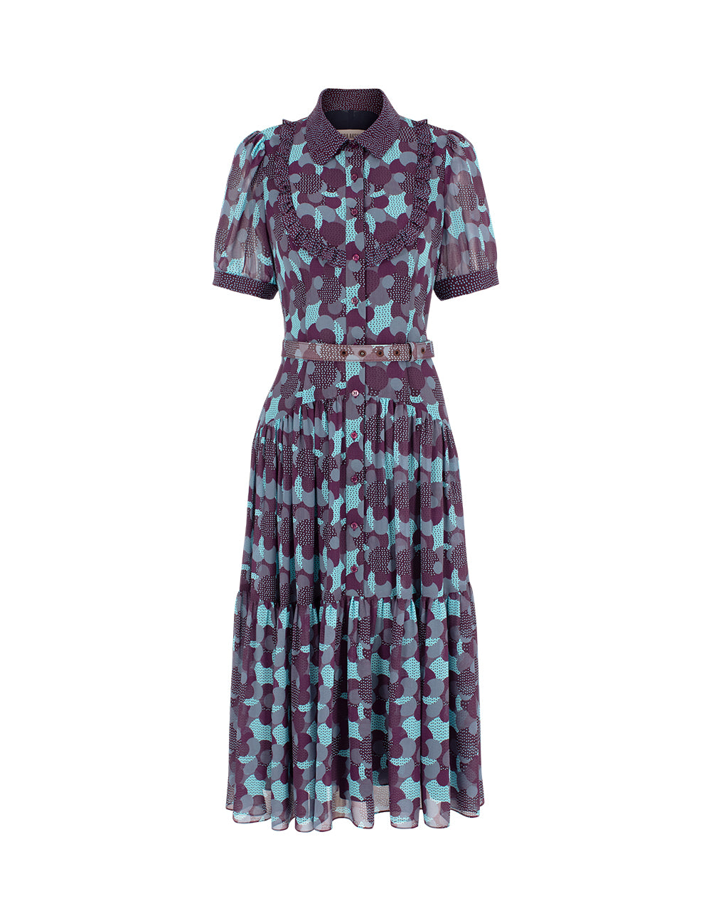 BORA AKSU Lapel Ruffle Trim Polka Dots Puff Short Sleeve Pleated Midi Shirt Dress