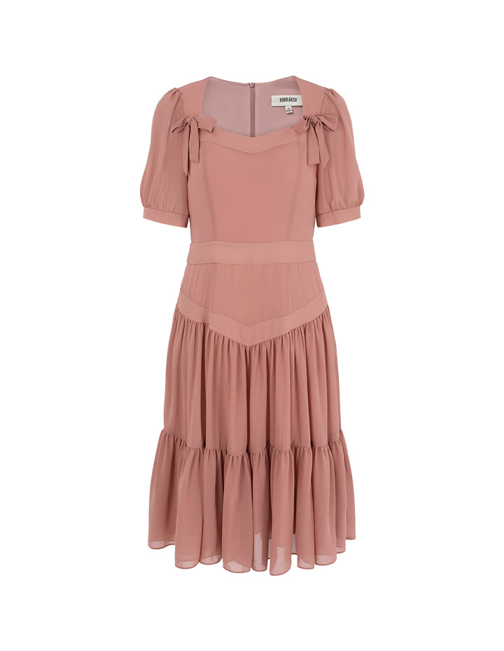 BORA AKSU Diamond Collar Bubble Short Sleeve Bowknot Flounce Midi Dress