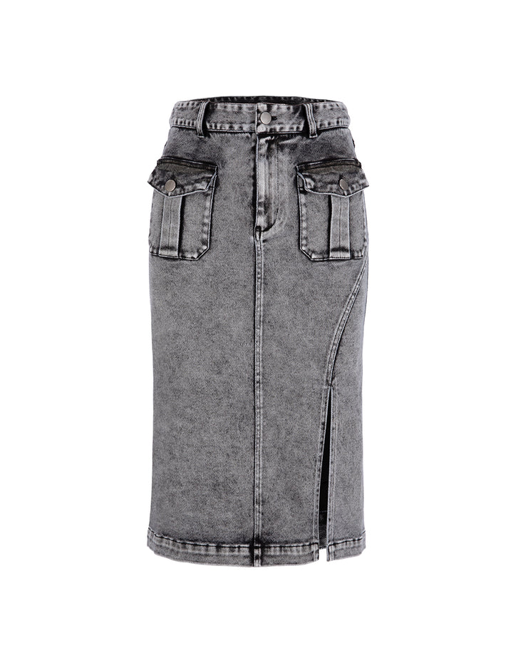 BORA AKSU Washed Denim Asymmetric Slit Skirt