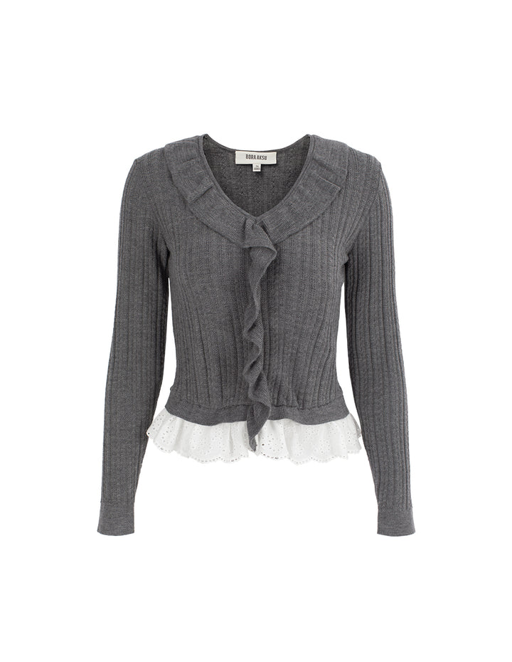 BORA AKSU V-Neck Ruffle Detail Knit Pullover Sweater