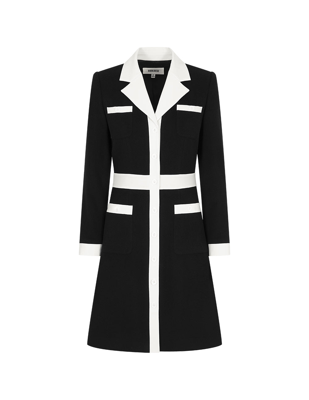 BORA AKSU Black & White Color Block Lapel-Collar Long Sleeve Midi Dress