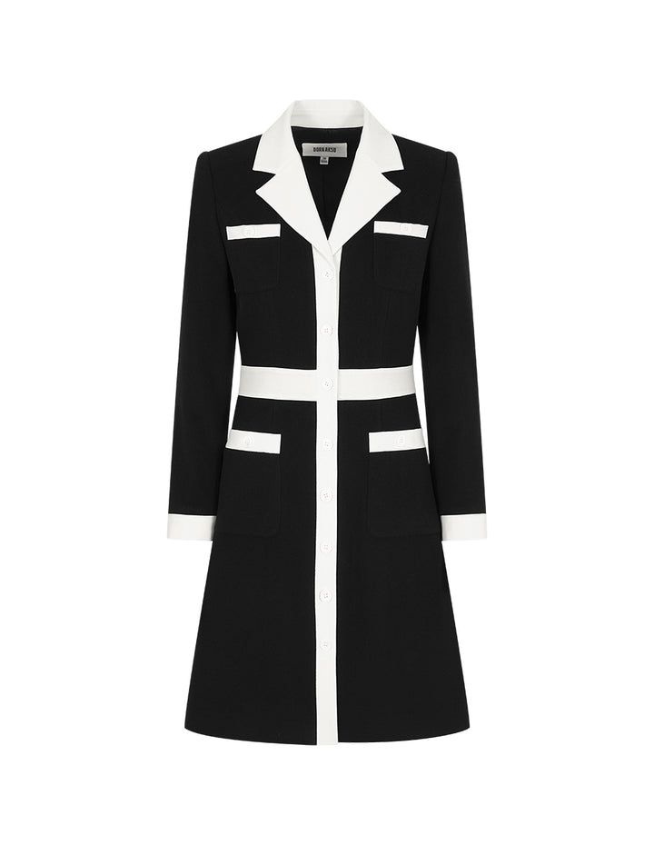 BORA AKSU Black & White Color Block Lapel-Collar Long Sleeve Midi Dress