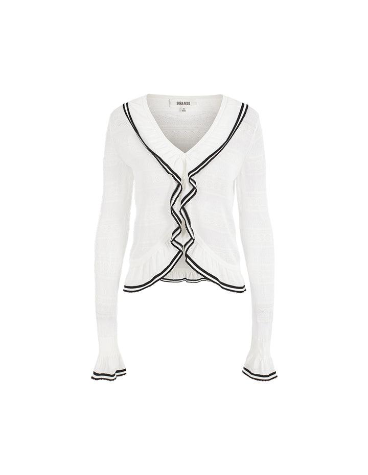 BORA AKSU V-Neck Long Sleeve Black Ruffle Trimmed Knit Cardigan