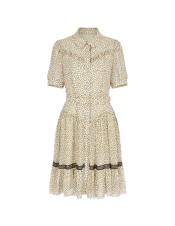 BORA AKSU Lapel Short-Sleeve Polka Dot Print Ruffle-Trimmed Pleated Midi Dress