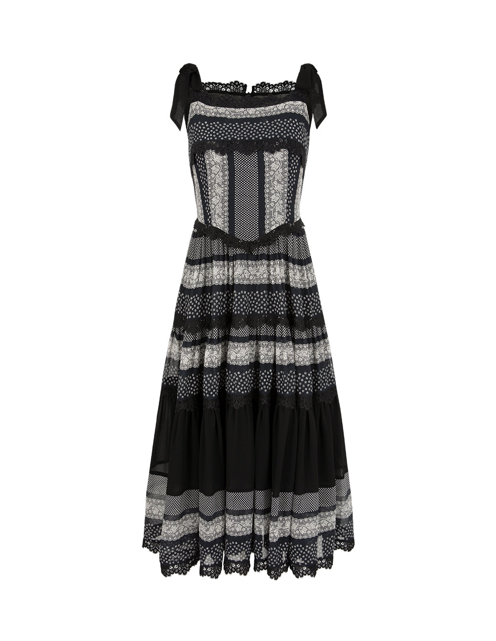 BORA AKSU Sleeveless Ruffle Lace Layered Printed Apron Dress
