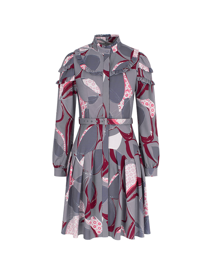 BORA AKSU Stand Collar Ruffled Puff Sleeves Abstract-Print Dress