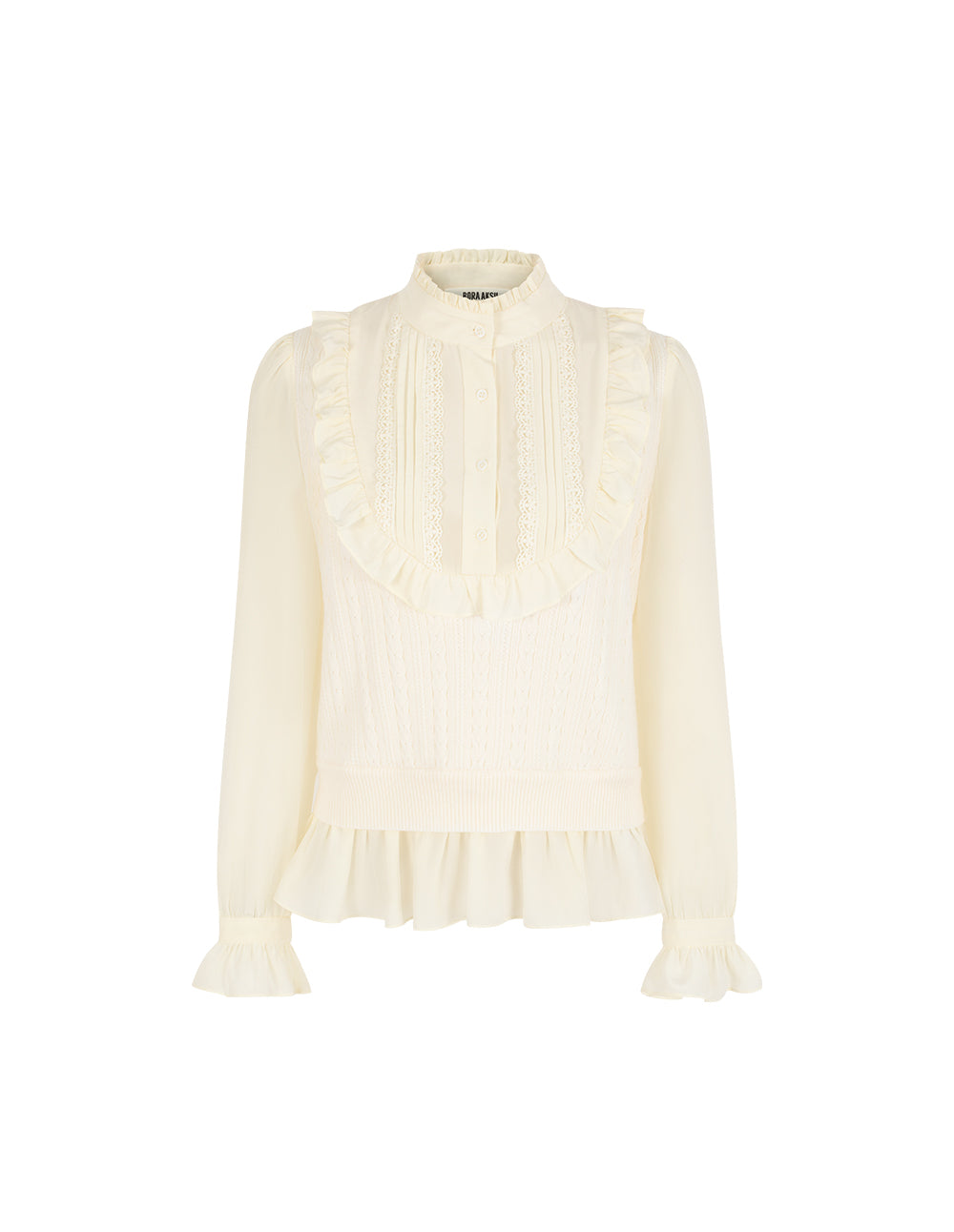 BORA AKSU Ruffled Mandarin Collar Pin-Tuck Wool Blend Knit Top