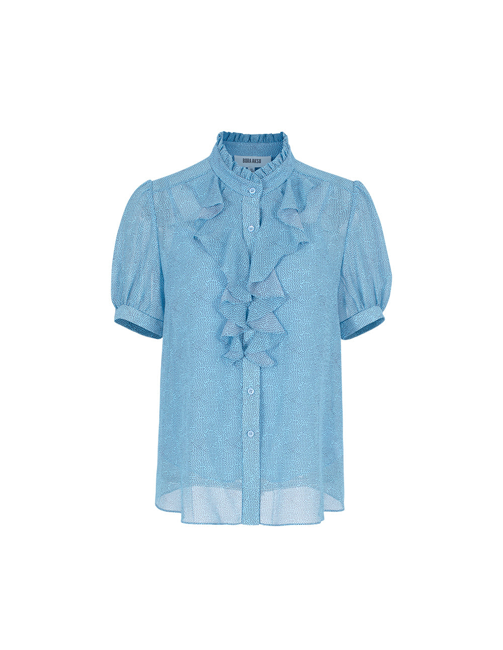 BORA AKSU Ruffle Stand Collar Polka Dots Puff Short Sleeve Blouse