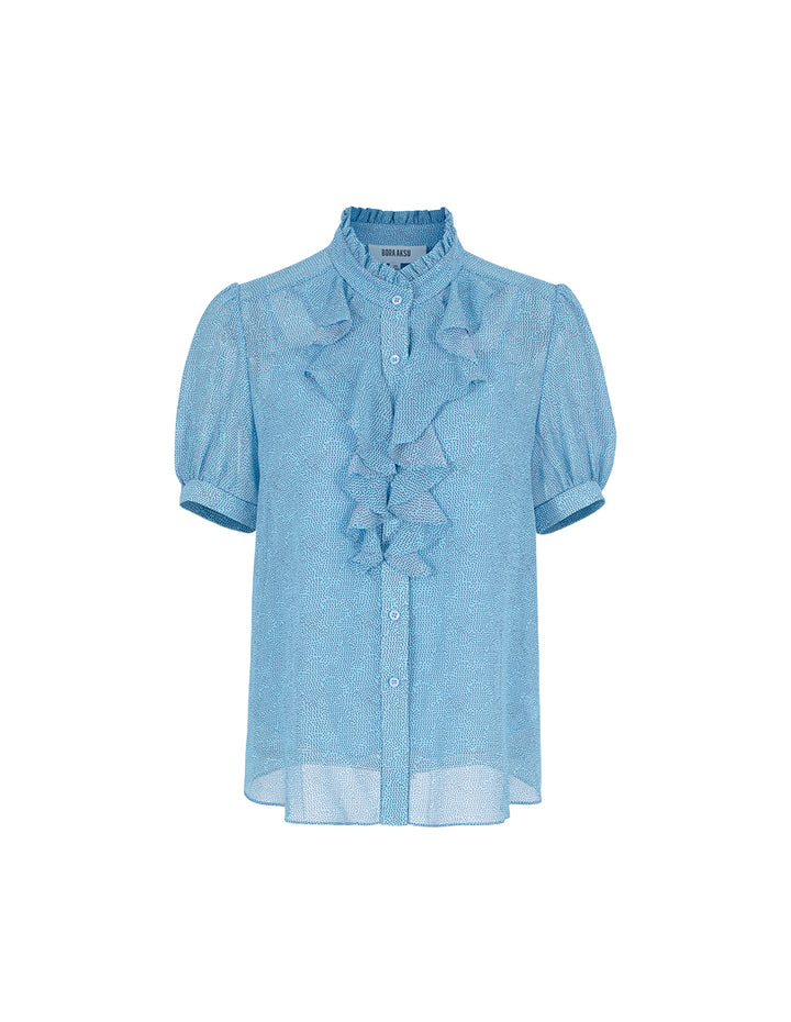 BORA AKSU Ruffle Stand Collar Polka Dots Puff Short Sleeve Blouse