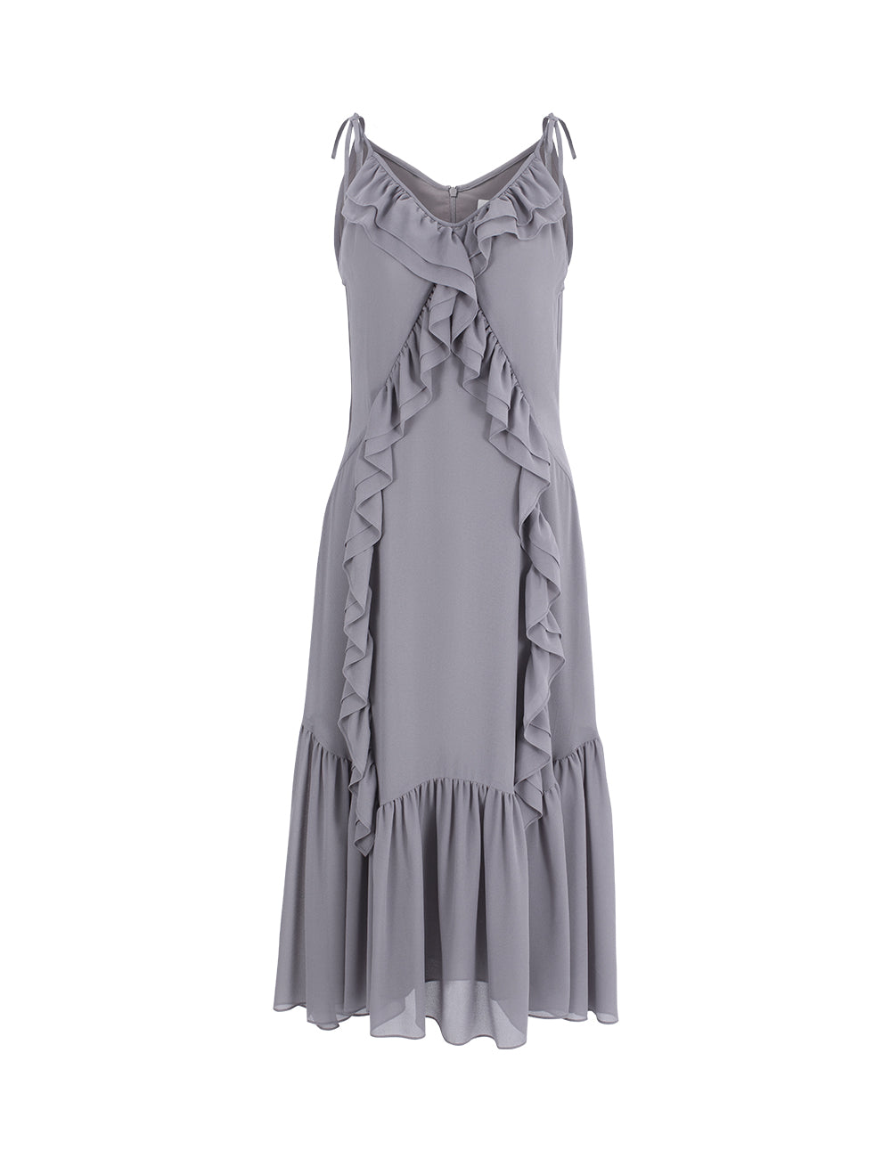 BORA AKSU V-Neck Sleeveless Ruffled-Trim Strapless Flounce-Hem Midi Dress