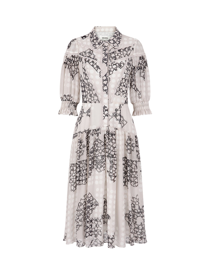 BORA AKSU French Shirt-Style Puff-Sleeve Pleated Printed Dress
