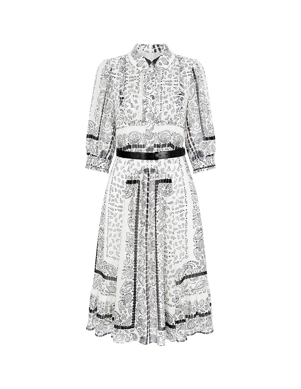 BORA AKSU Collared Puff-Sleeve Paisley Print Midi Trumpet Shirt Dress