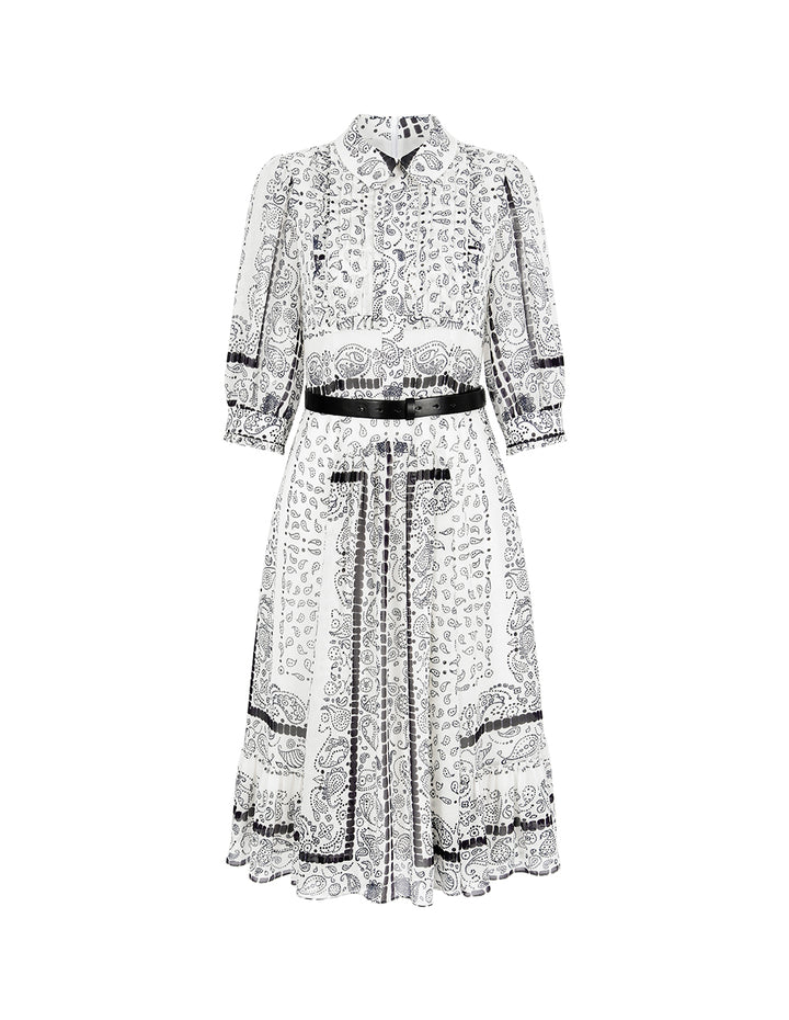 BORA AKSU Collared Puff-Sleeve Paisley Print Midi Trumpet Shirt Dress