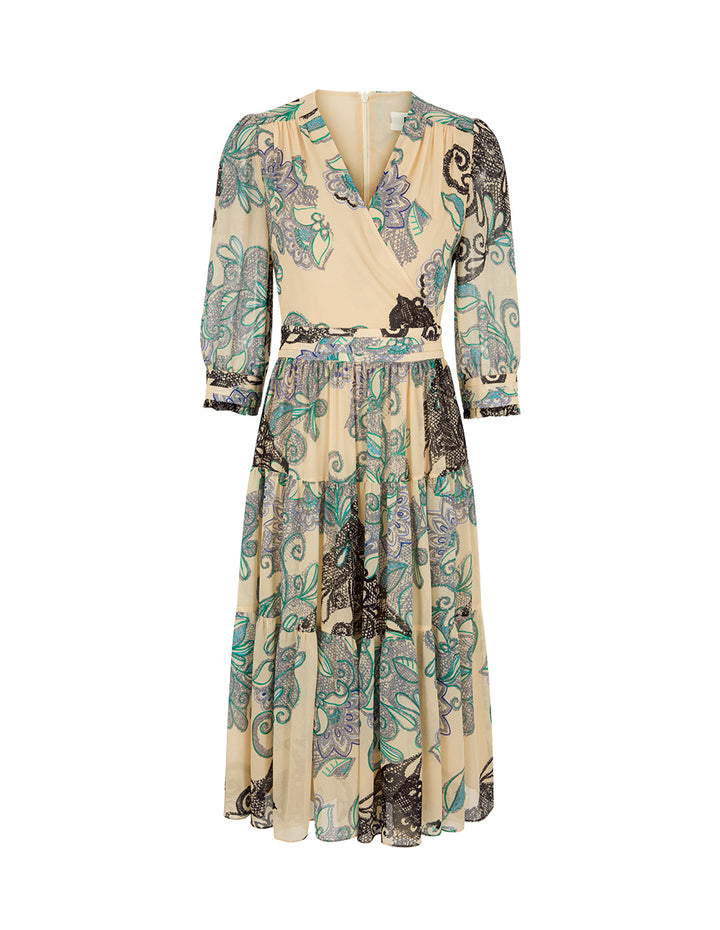 BORA AKSU V-Neck Puff Sleeve Floral Lace Print Pleated Midi Wrap Dress