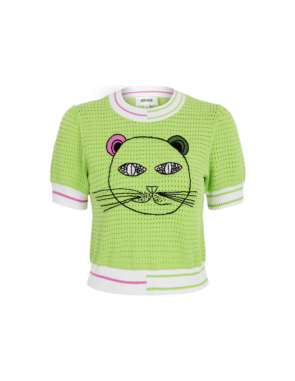 BORA AKSU Handhook Cat Pattern Hollow Textured Knitted T-shirt