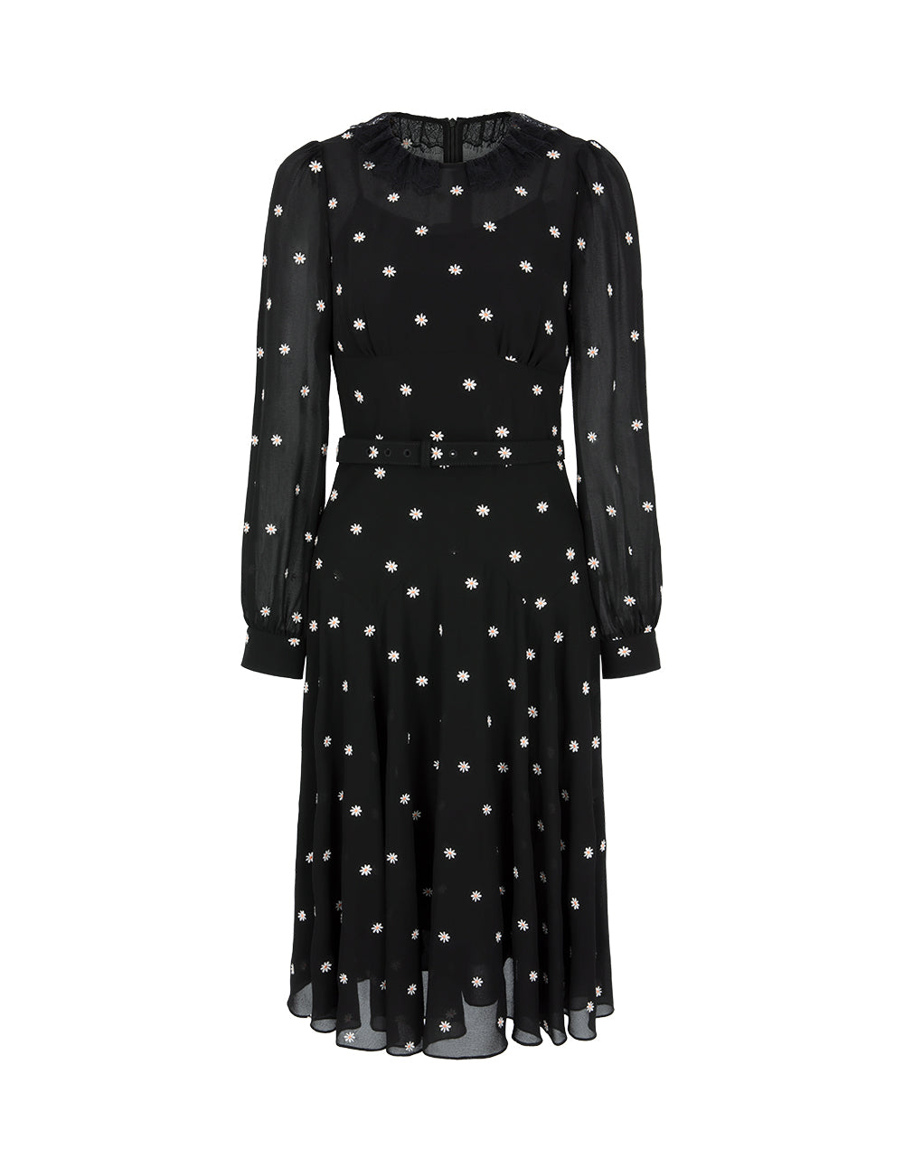 BORA AKSU Lace Round-Neck Puff Long Sleeve Daisy Floral Embroidered Midi Dress