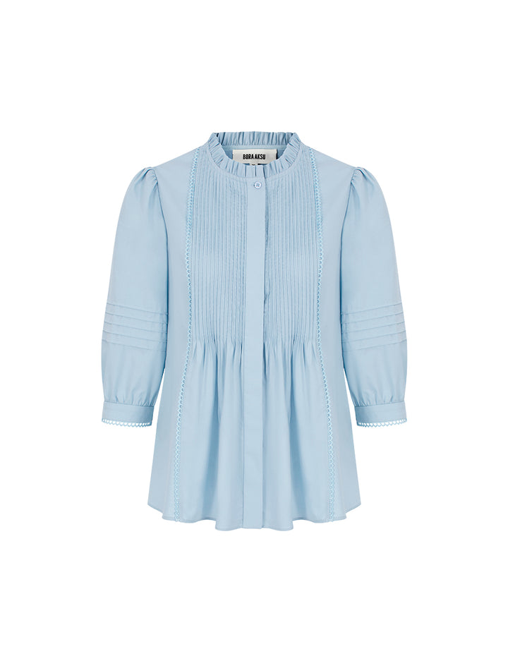 BORA AKSU Ruffled Stand-Collar Puff-Sleeved Pin Tuck Blouse
