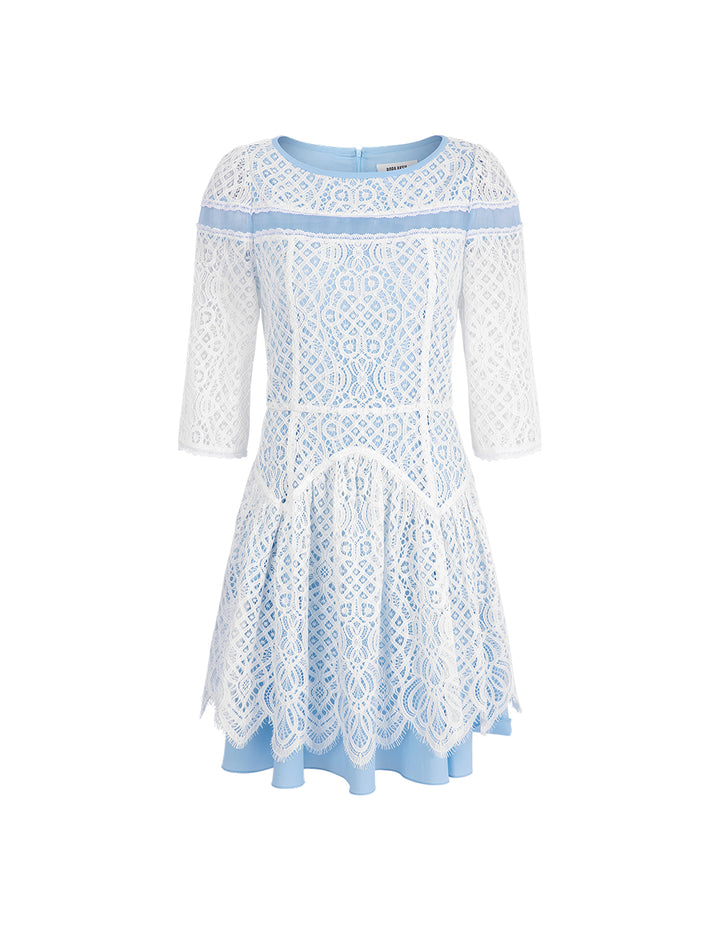 BORA AKSU Romantic Blue And White Lace Patchwork Wavy Dress