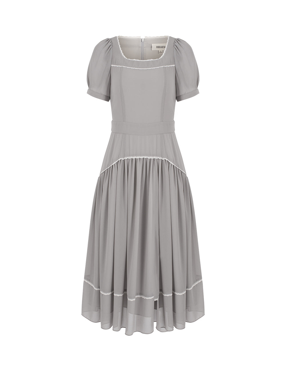 BORA AKSU Diamond-Neck Puff Short Sleeve Empire-Waist Lace-Trim Pleated Dress